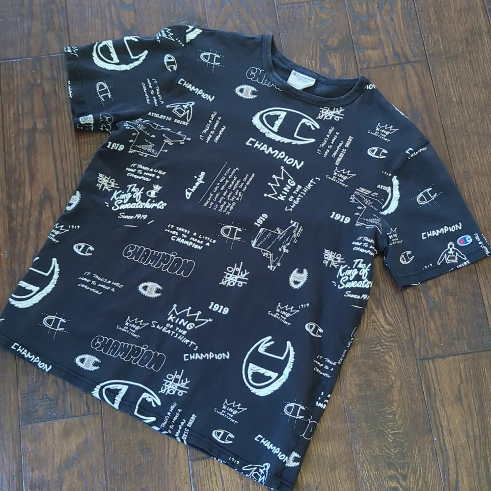 CHAMPION I Black & White Handwriting Logo Crew Neck Short Sleeve T-Shit Top, L - Picture 2 of 10